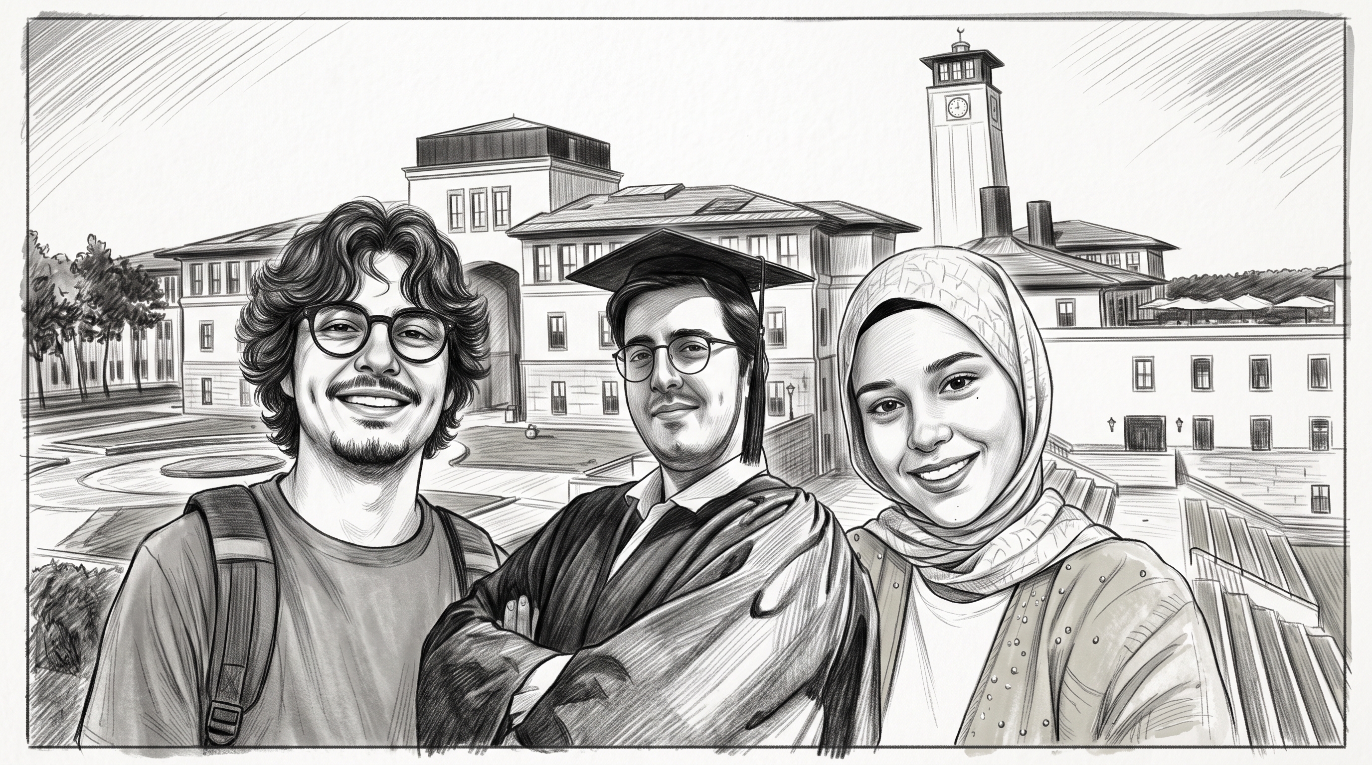 Pencil drawing of Berk Emre Mert, Caner İnanç, and Zührenur Nacir, left to right.